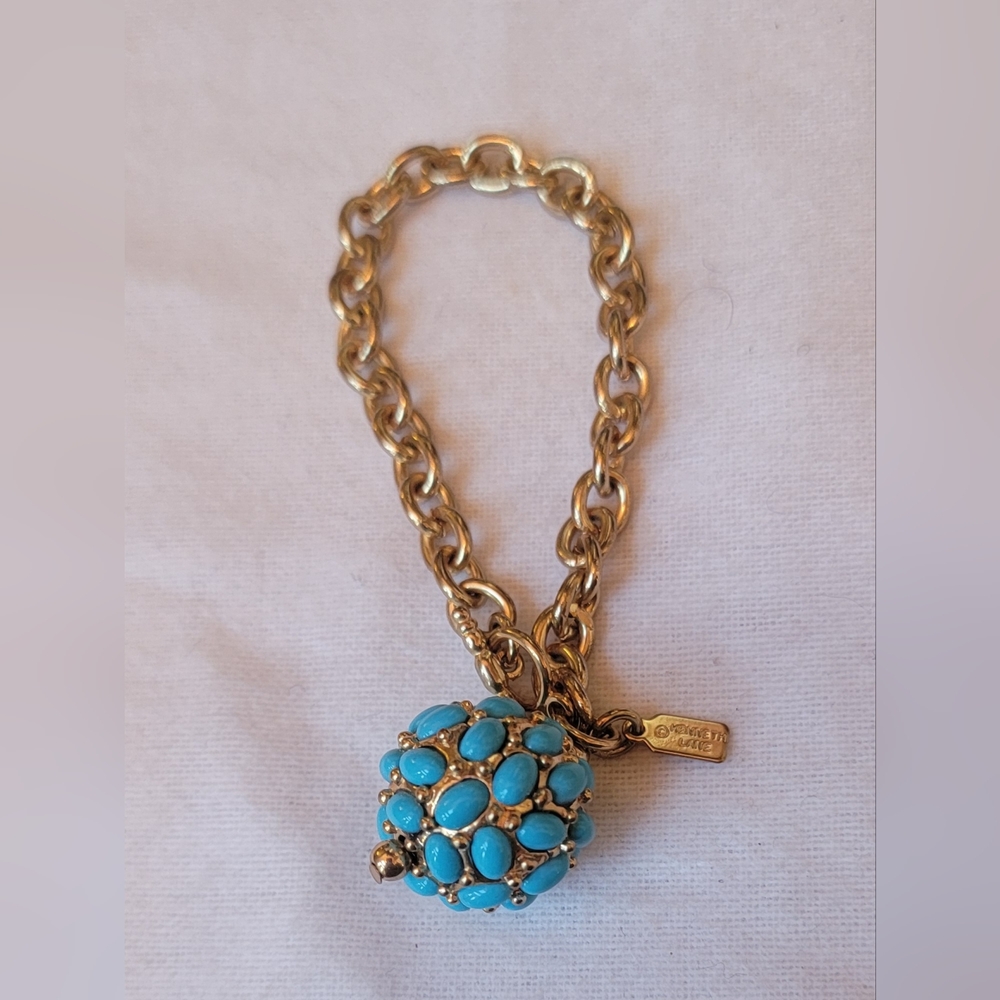 90s Kenneth Lane Round Faux Turquoise Cabochon Charm Gold Chain Bracelet 7ā - Picture 2 of 7